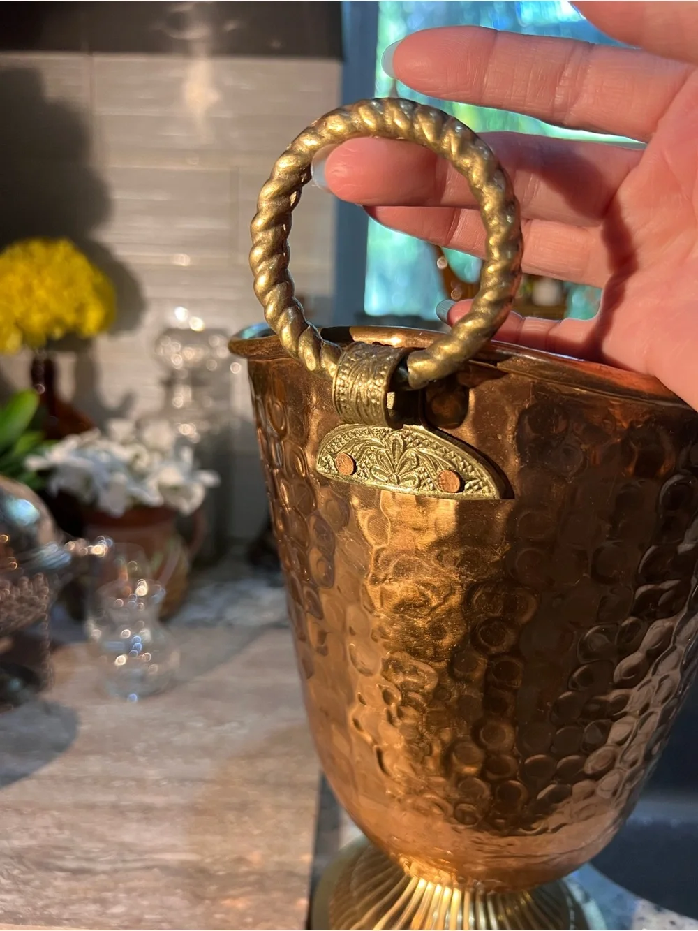 Gorgeous Hammered Copper Champagne Ice Bucket w Ornate Twisted Rope Handles
